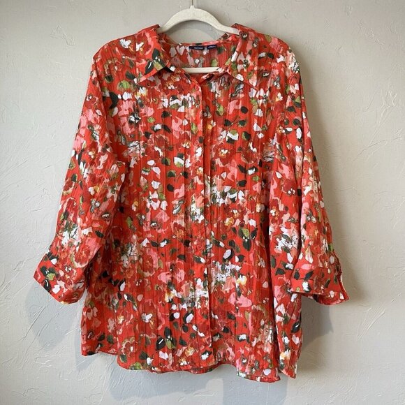 Women’s Button Down Blouse Floral 2x Watercolor Abstract Red Breathable Career - Picture 1 of 5